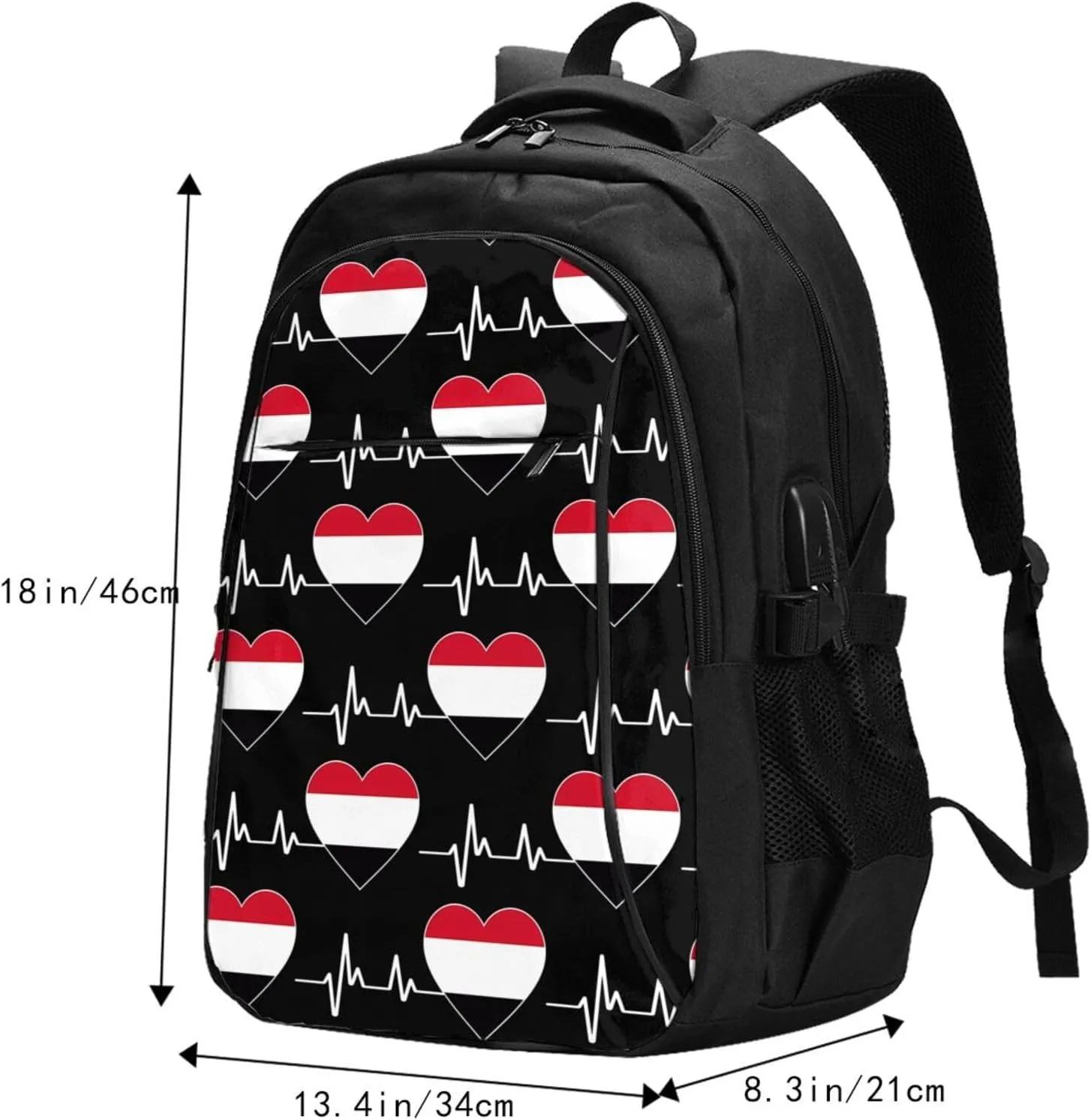 Yemen Yemeni Yemenian Flag Hearts Beats Business Laptop Backpack Travel Backpacks Outdoor Rucksack Large Bag Daypack with USB Charging Port Multi-Pocket for Hiking Camping