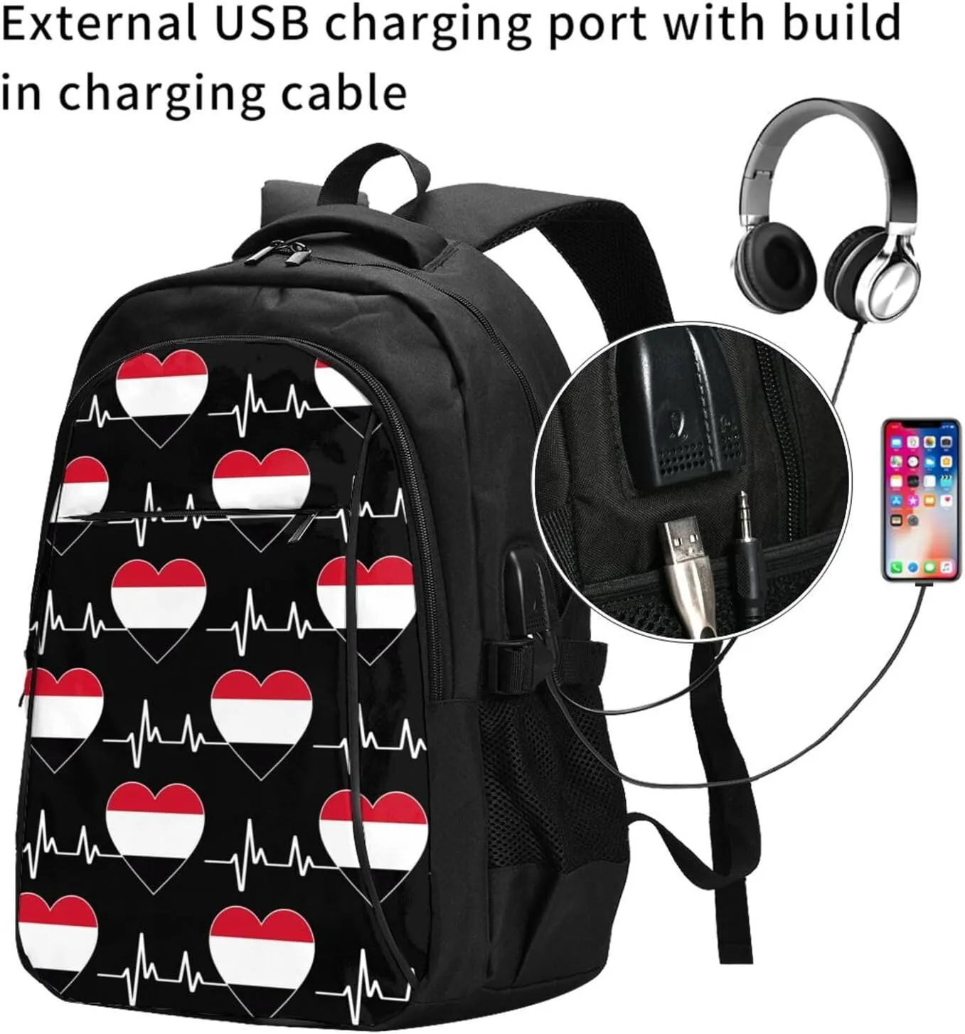 Yemen Yemeni Yemenian Flag Hearts Beats Business Laptop Backpack Travel Backpacks Outdoor Rucksack Large Bag Daypack with USB Charging Port Multi-Pocket for Hiking Camping
