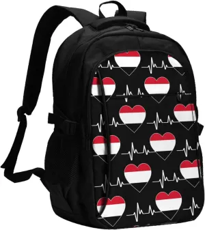 Yemen Yemeni Yemenian Flag Hearts Beats Business Laptop Backpack Travel Backpacks Outdoor Rucksack Large Bag Daypack with USB Charging Port Multi-Pocket for Hiking Camping