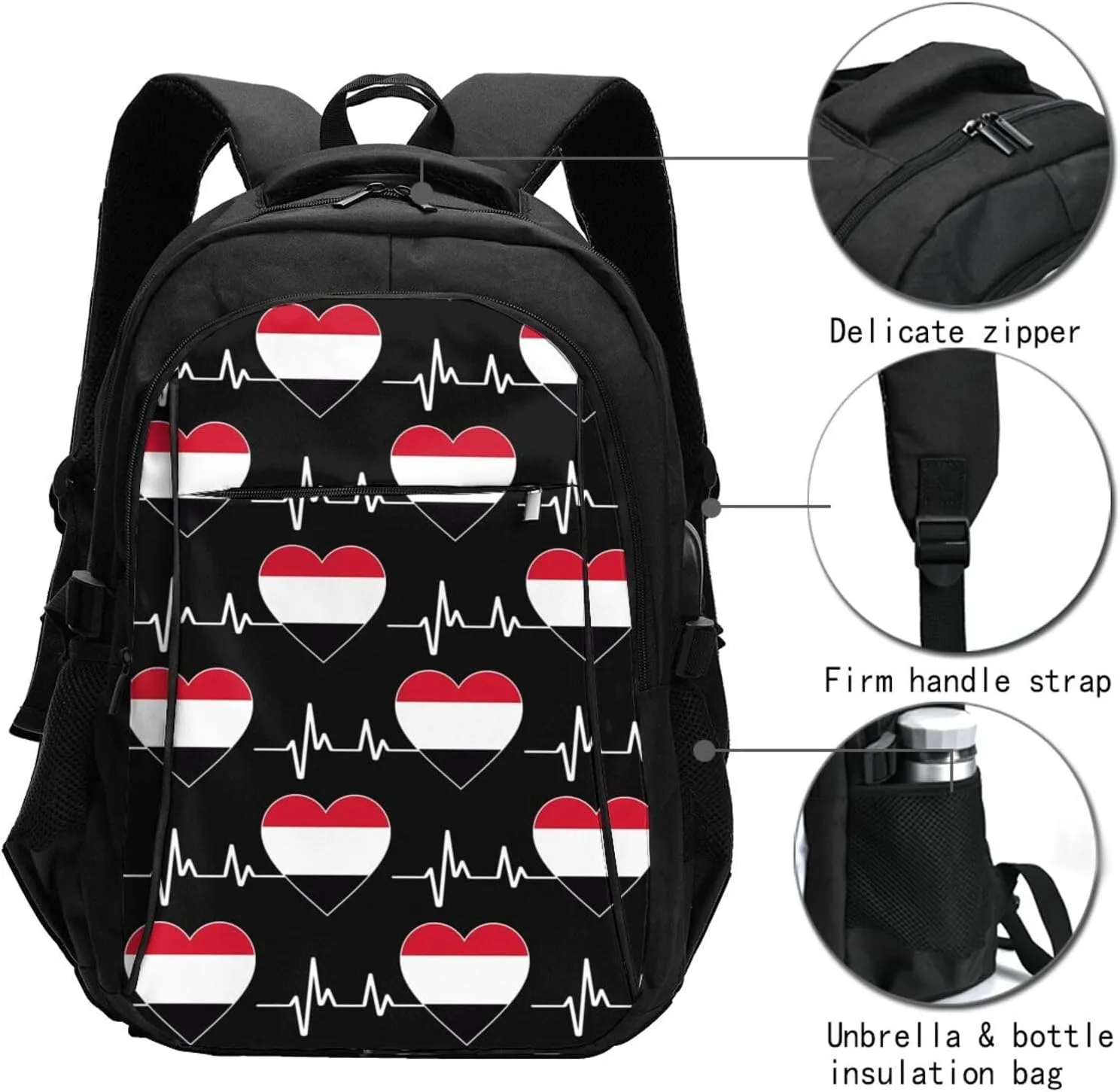 Yemen Yemeni Yemenian Flag Hearts Beats Business Laptop Backpack Travel Backpacks Outdoor Rucksack Large Bag Daypack with USB Charging Port Multi-Pocket for Hiking Camping