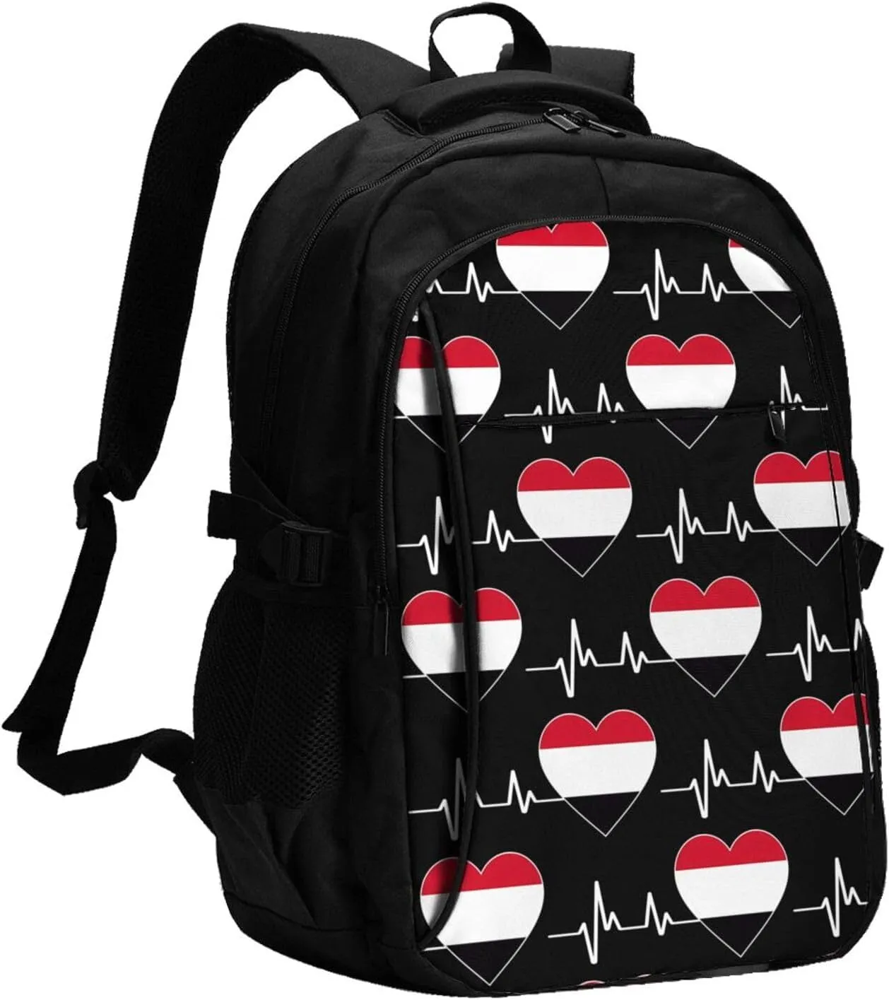 Yemen Yemeni Yemenian Flag Hearts Beats Business Laptop Backpack Travel Backpacks Outdoor Rucksack Large Bag Daypack with USB Charging Port Multi-Pocket for Hiking Camping