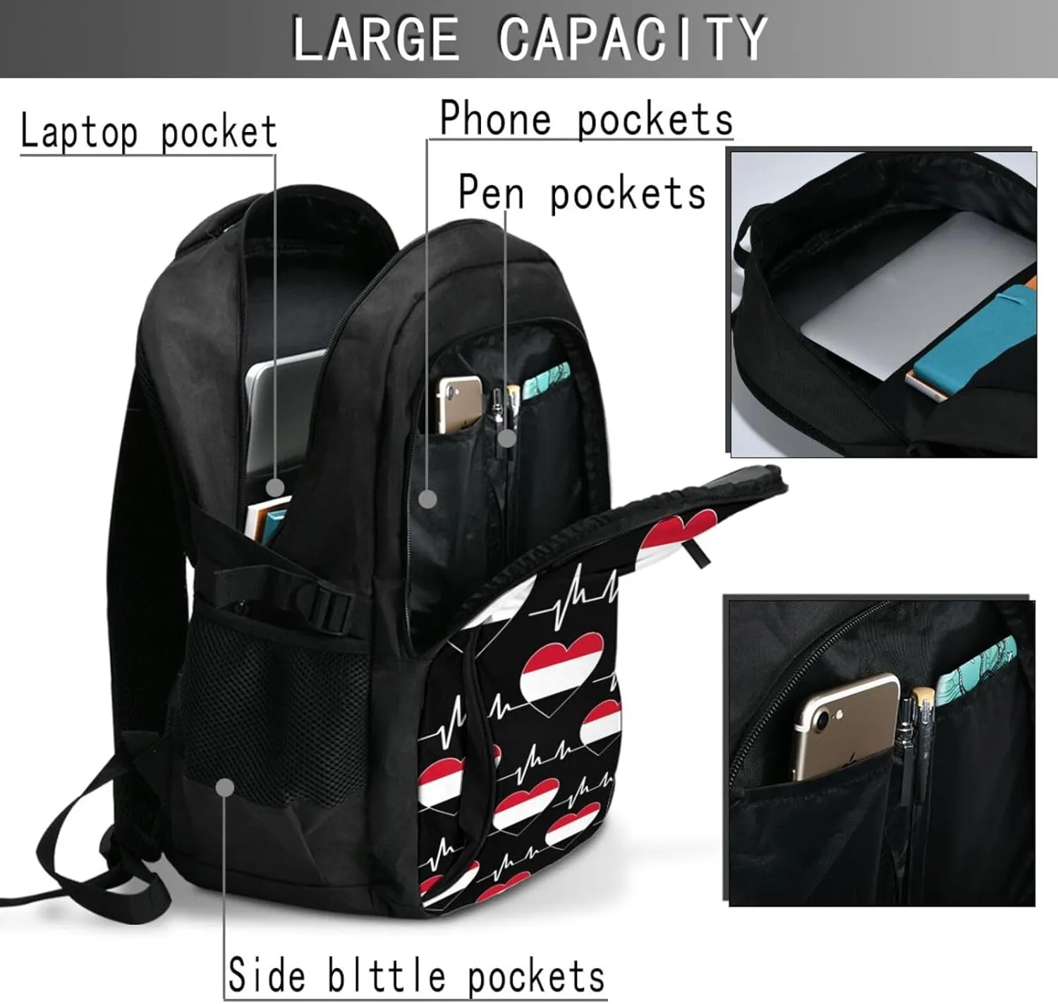Yemen Yemeni Yemenian Flag Hearts Beats Business Laptop Backpack Travel Backpacks Outdoor Rucksack Large Bag Daypack with USB Charging Port Multi-Pocket for Hiking Camping