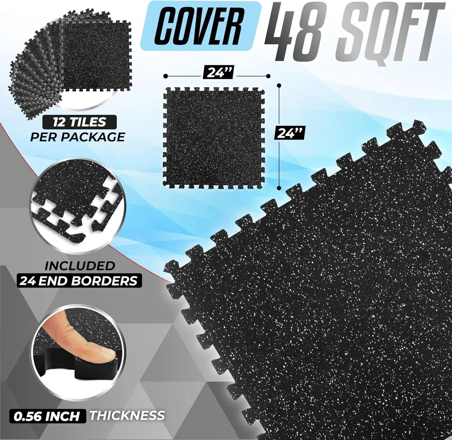 Yes4All Rubber Gym Flooring for Home Gym, 0.56" Thick Gym Flooring Tiles, EVA Foam Mats with Rubber Top, Protective Flooring Mat