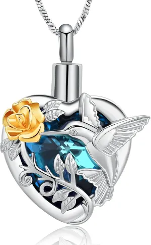 Yinplsmemory Hummingbird Cremation Jewelry Crystal Heart Urn Ashes Necklace for Women Men Memorial Keepsake Necklace of Loved One