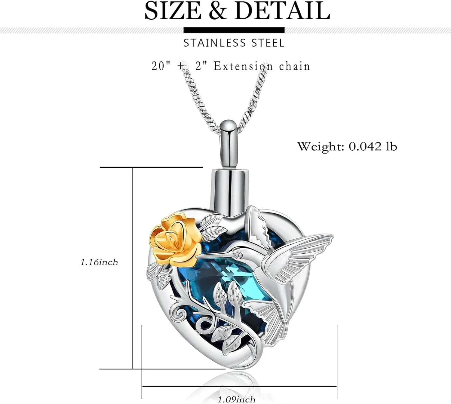 Yinplsmemory Hummingbird Cremation Jewelry Crystal Heart Urn Ashes Necklace for Women Men Memorial Keepsake Necklace of Loved One