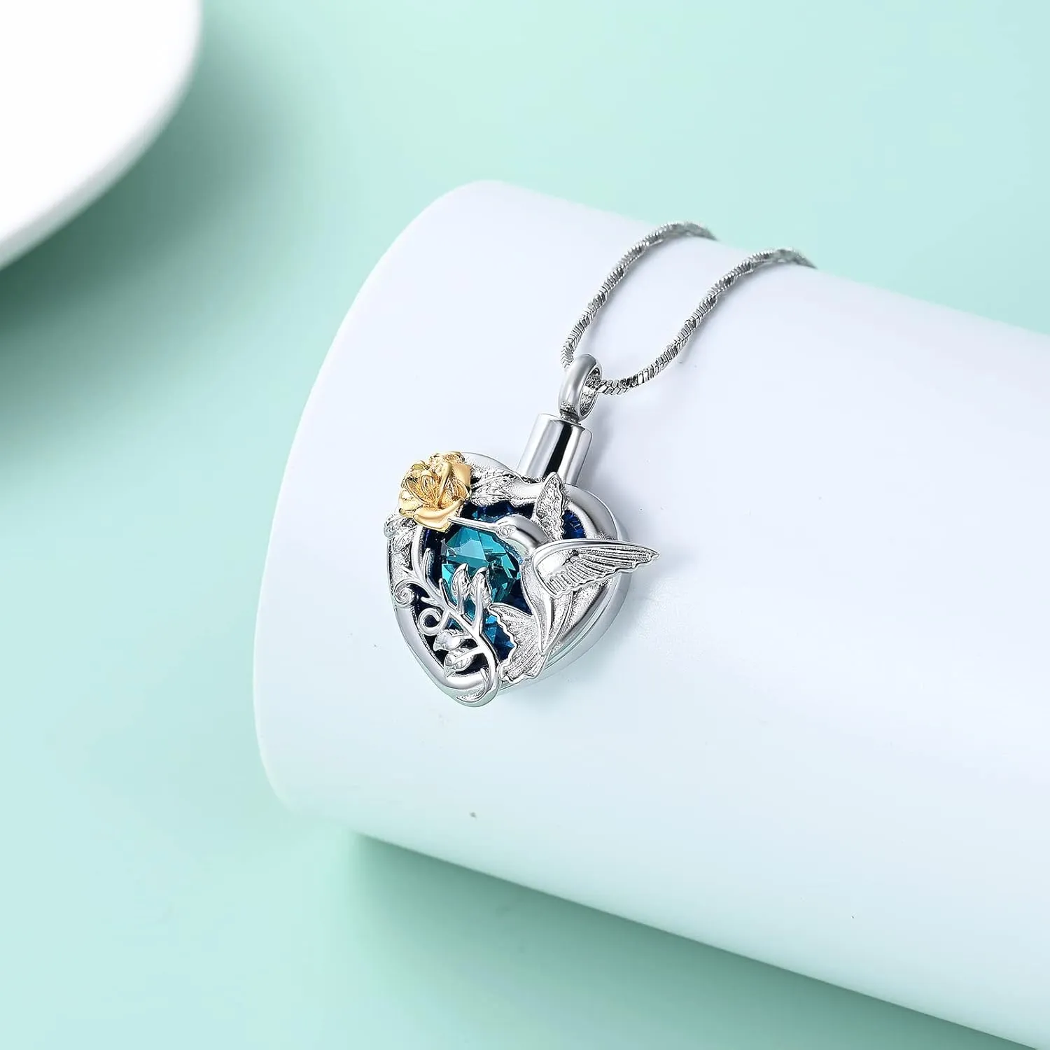 Yinplsmemory Hummingbird Cremation Jewelry Crystal Heart Urn Ashes Necklace for Women Men Memorial Keepsake Necklace of Loved One