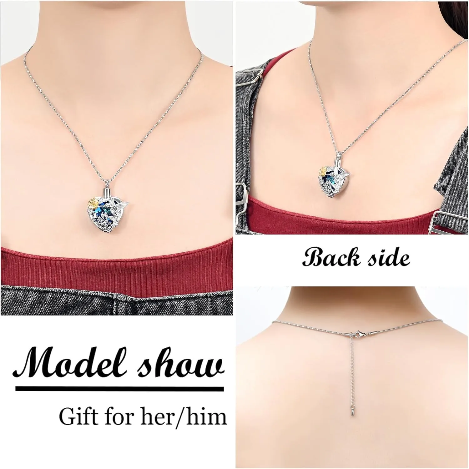 Yinplsmemory Hummingbird Cremation Jewelry Crystal Heart Urn Ashes Necklace for Women Men Memorial Keepsake Necklace of Loved One