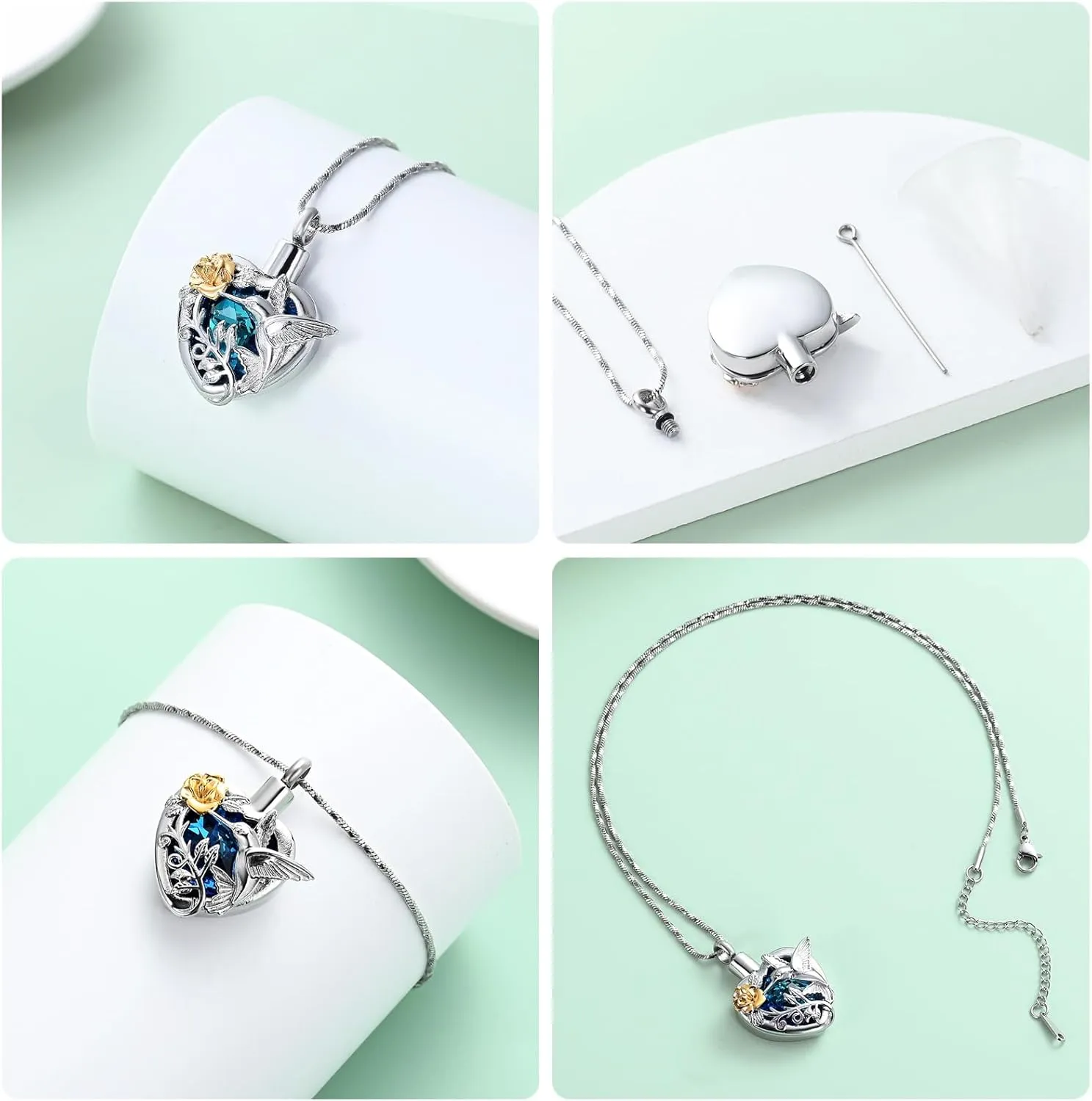 Yinplsmemory Hummingbird Cremation Jewelry Crystal Heart Urn Ashes Necklace for Women Men Memorial Keepsake Necklace of Loved One
