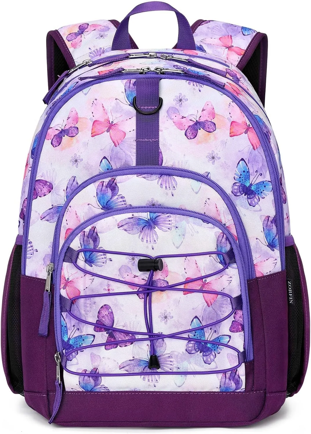 ZORFIN Backpack for School, Travel: Bookbag for Girls Boys - Kids Backpack with Multi Compartments - Butterfly Purple