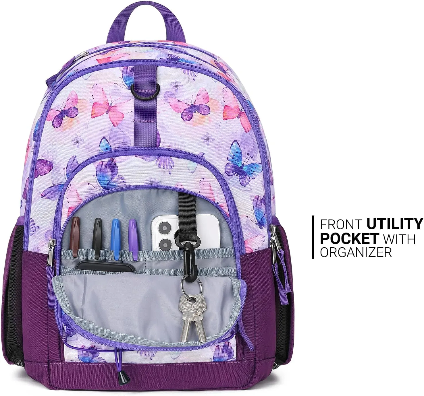 ZORFIN Backpack for School, Travel: Bookbag for Girls Boys - Kids Backpack with Multi Compartments - Butterfly Purple