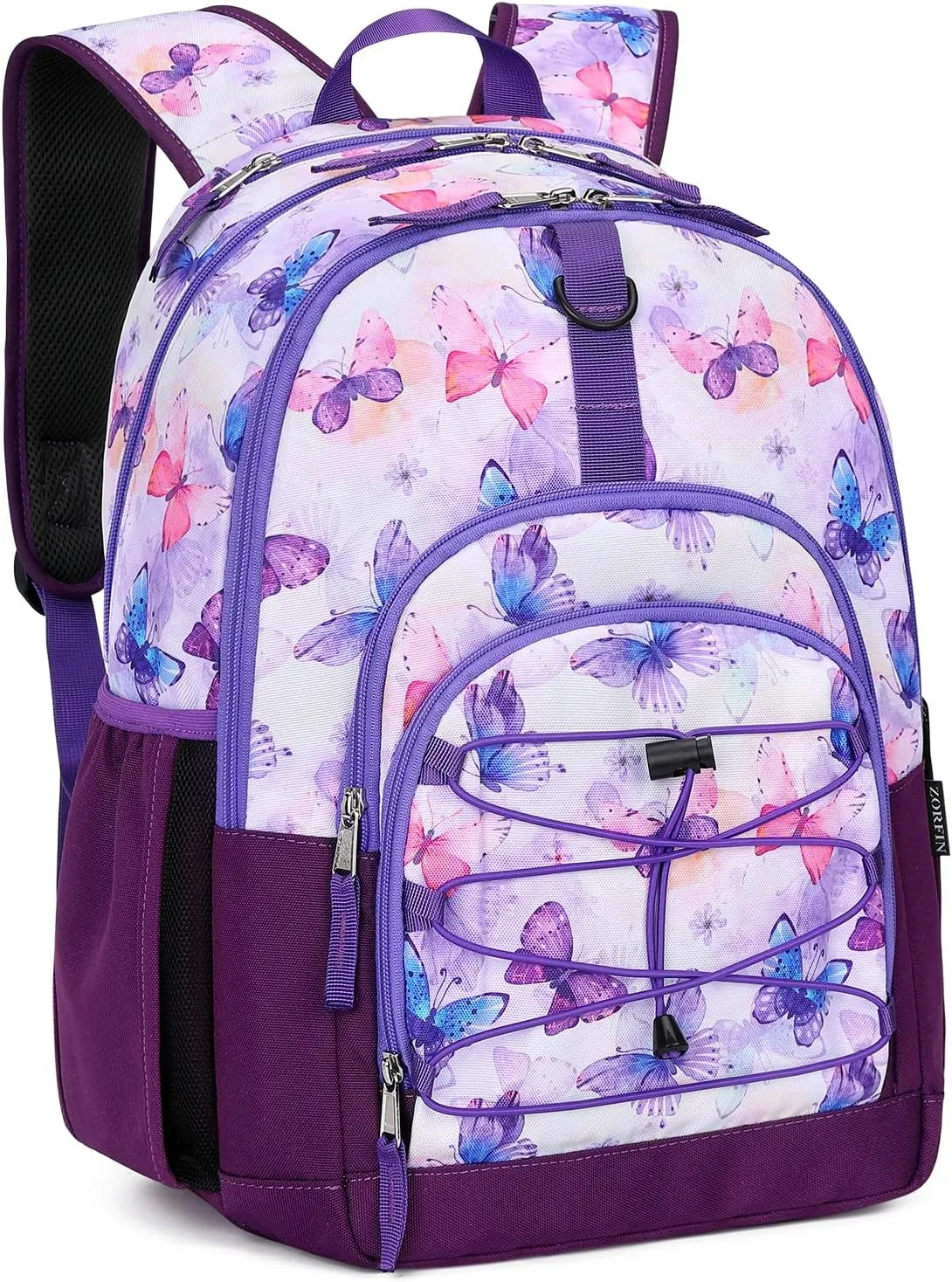 ZORFIN Backpack for School, Travel: Bookbag for Girls Boys - Kids Backpack with Multi Compartments - Butterfly Purple