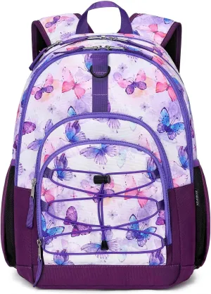 ZORFIN Backpack for School, Travel: Bookbag for Girls Boys - Kids Backpack with Multi Compartments - Butterfly Purple