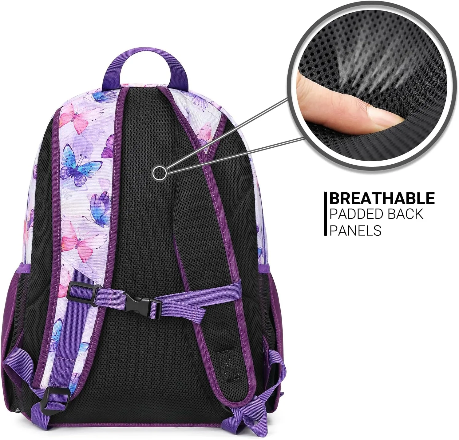 ZORFIN Backpack for School, Travel: Bookbag for Girls Boys - Kids Backpack with Multi Compartments - Butterfly Purple
