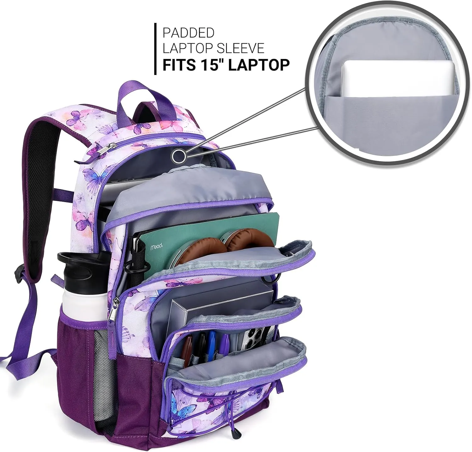 ZORFIN Backpack for School, Travel: Bookbag for Girls Boys - Kids Backpack with Multi Compartments - Butterfly Purple