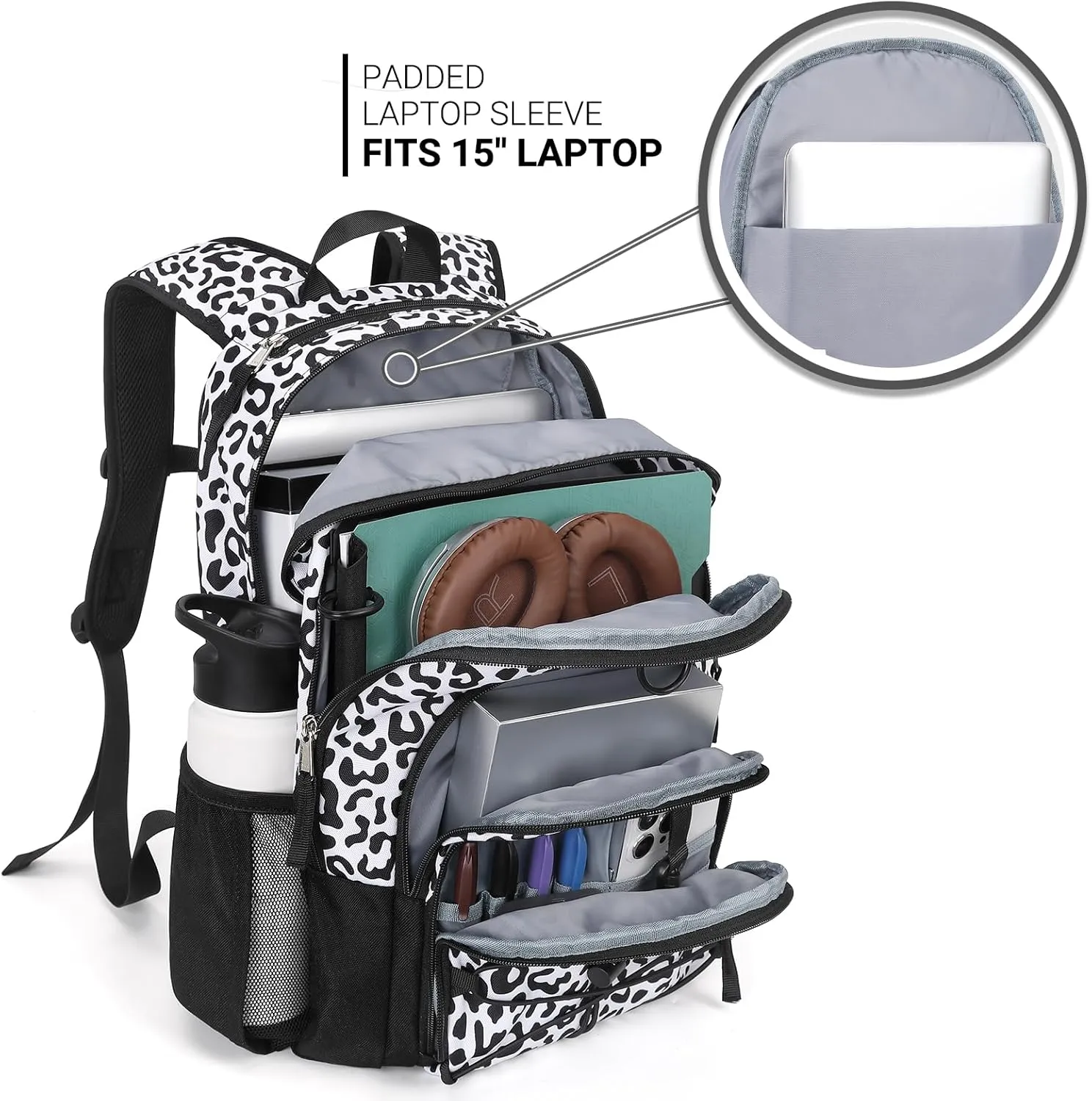 ZORFIN Backpack for School, Travel: Bookbag for Girls Boys - Kids Backpack with Multi Compartments - Snow Leopard