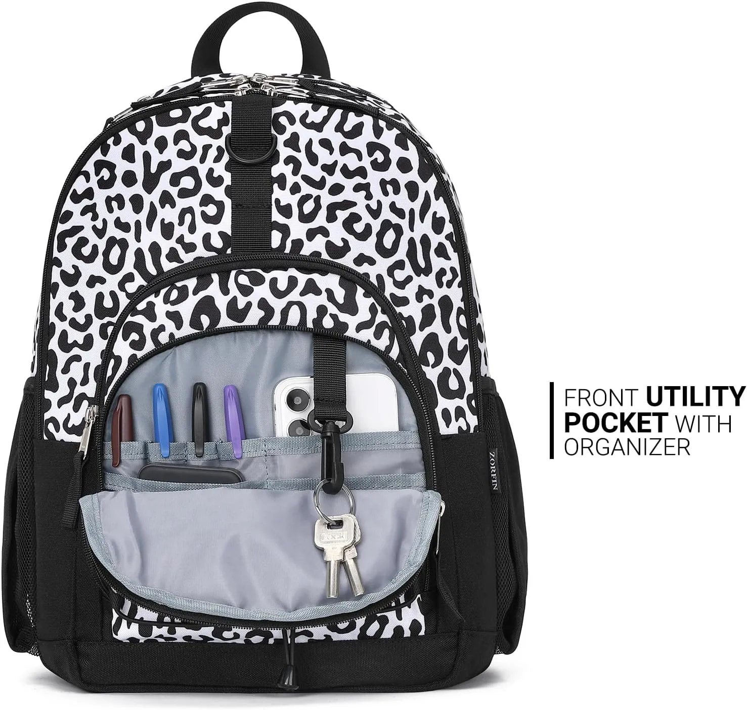 ZORFIN Backpack for School, Travel: Bookbag for Girls Boys - Kids Backpack with Multi Compartments - Snow Leopard