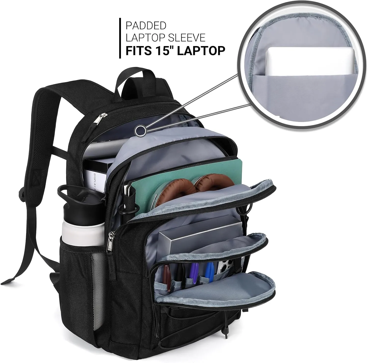 ZORFIN Black Backpack for School, Travel: Bookbag for Girls Boys - Kids Backpack with Multi Compartments